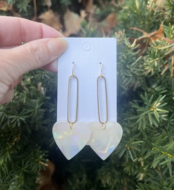 Iridescent Cream Heart Minimalist Loop Earrings