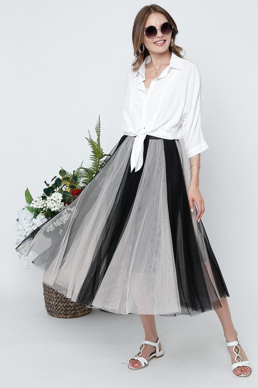 OMBRE MESH PLEATED FLARE MIDI SKIRT