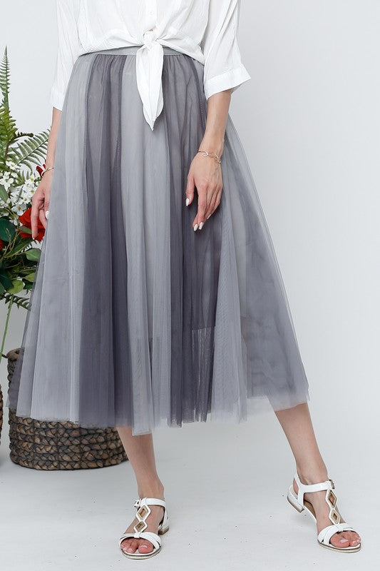 OMBRE MESH PLEATED FLARE MIDI SKIRT