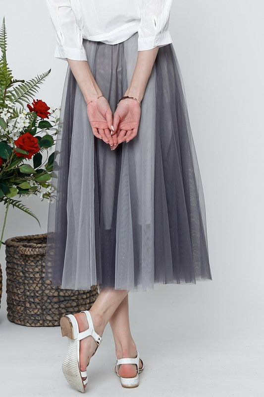 OMBRE MESH PLEATED FLARE MIDI SKIRT