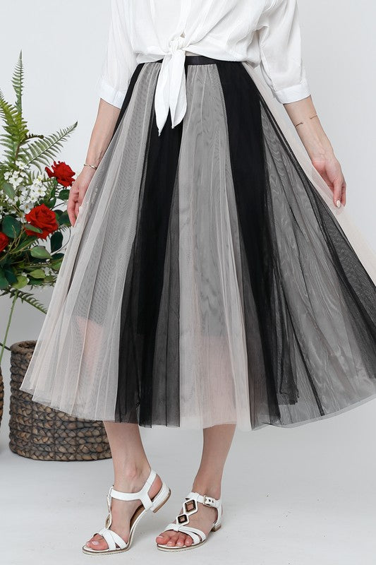 OMBRE MESH PLEATED FLARE MIDI SKIRT