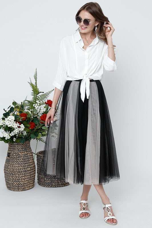 OMBRE MESH PLEATED FLARE MIDI SKIRT