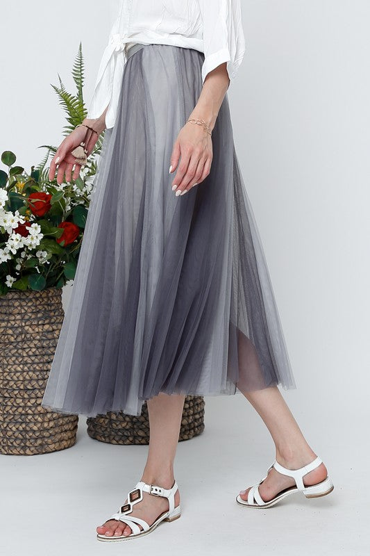 OMBRE MESH PLEATED FLARE MIDI SKIRT