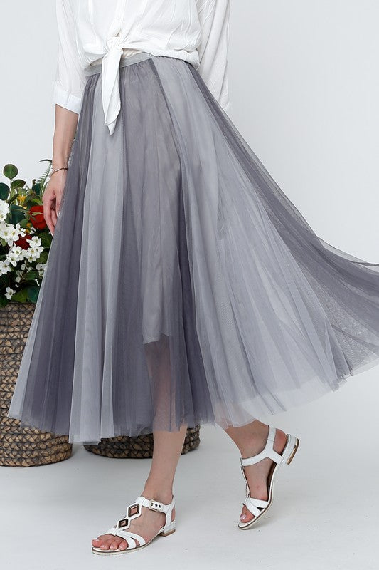 OMBRE MESH PLEATED FLARE MIDI SKIRT