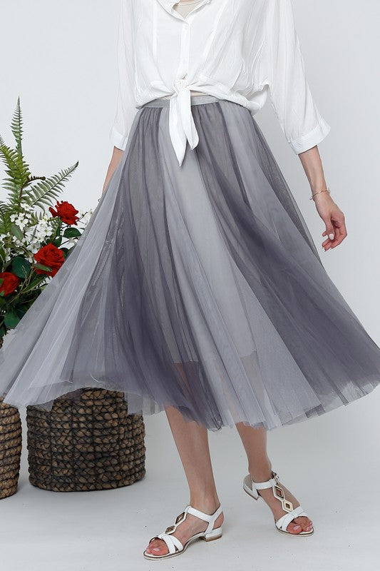 OMBRE MESH PLEATED FLARE MIDI SKIRT