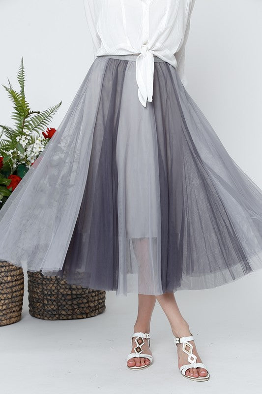 OMBRE MESH PLEATED FLARE MIDI SKIRT