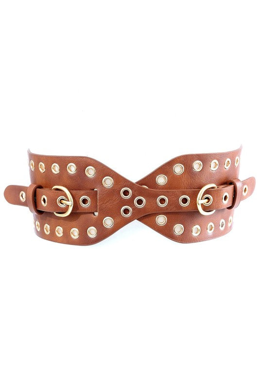 Western PU Criss Cross Metal Stud Rings Belt