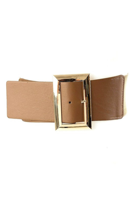 Oversized Gold Tone Rectangle PU Stretch Belt