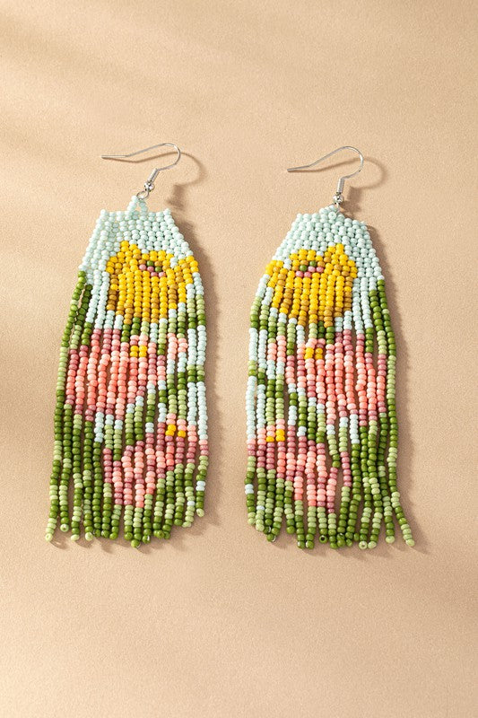 pink and yellow flowers seed bead drop earrings