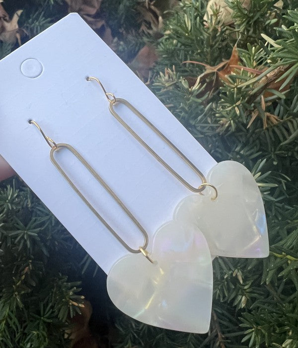 Iridescent Cream Heart Minimalist Loop Earrings