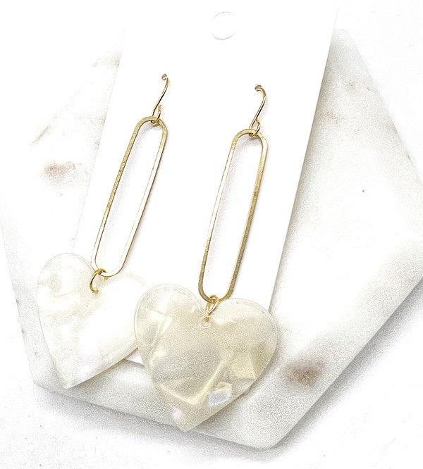 Iridescent Cream Heart Minimalist Loop Earrings