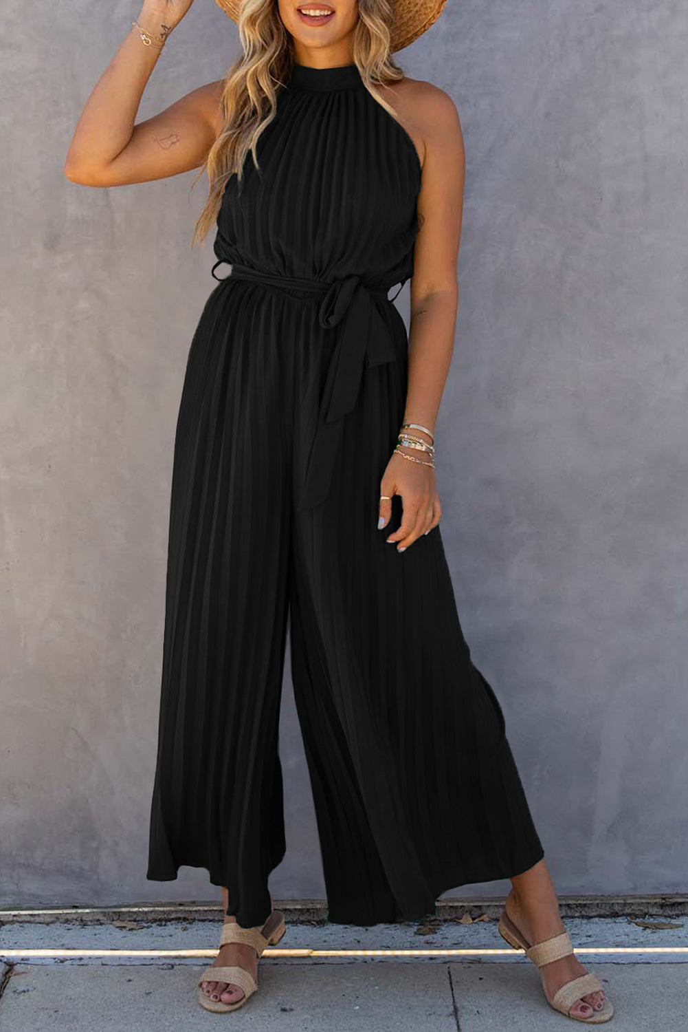 Green Halter Neck Pleated Wide Leg Jumpsuit with Belt