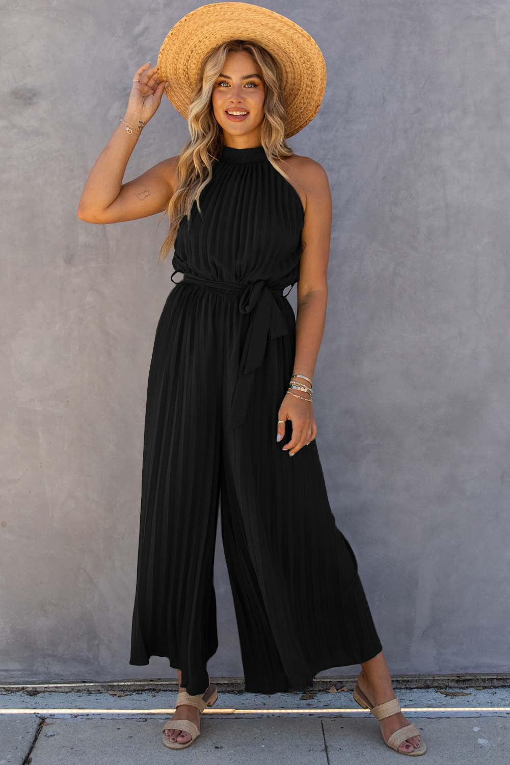 Green Halter Neck Pleated Wide Leg Jumpsuit with Belt