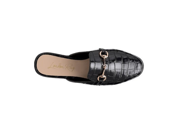 BEGONIA BUCKLED FAUX LEATHER CROC MULES