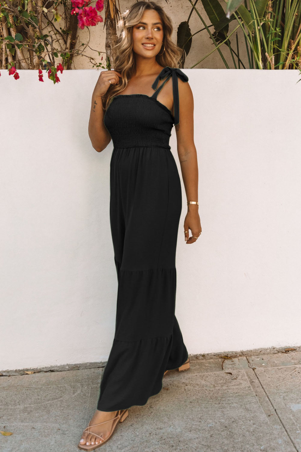 Black Tie Straps Shirred Bodice Tiered Wide Leg Jumpsuit